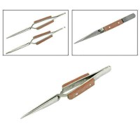 Johnson Tools Lock Wooden Handle Grip Soldering Tweezer For Jewellery Works (Color- Clear, Size-6.5")